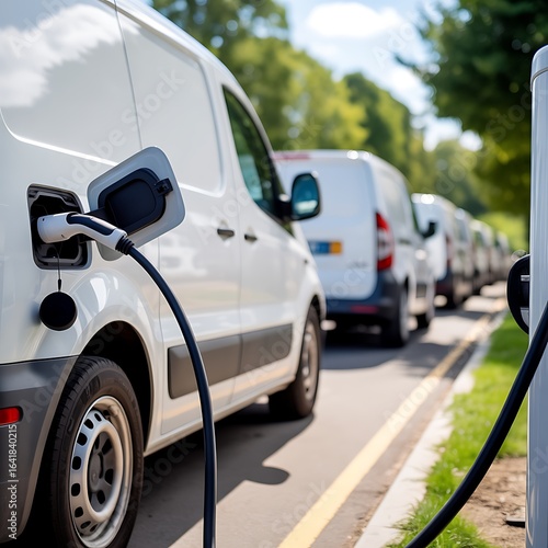 Fleet of Electric Delivery Vans Charging at a Public Charging Station Green Transportation and Sustainable Logistics for Business