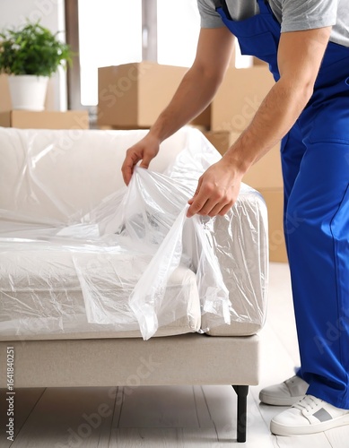 Moving company worker covering sofa