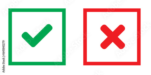 Check mark and cross mark icon button. Check box icon. Right and wrong buttons. Yes or no checkmark icons. Green tick box and red cross box on white background. EPS 10.