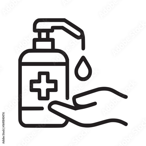 Hand sanitizer dispensing onto a hand with a cross symbol on the bottle in a simple line drawing