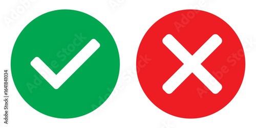 Check mark and cross mark icon button. Colourful check box icon. Right and wrong buttons. Yes or no checkmark icons. Green tick box and red cross box on white background. 