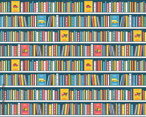 BookShelves with Books. Seamless Pattern. Shelves with Kids Books. Picture Books. Library Interior. Bookstore Interior. Children's books on the White Shelves. Vector in Blue, Yellow, Red, White.