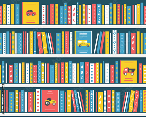 BookShelves with Books. Seamless Pattern. Shelves with Kids Books. Picture Books. Library Interior. Bookstore Interior. Children's books on the White Shelves. Vector in Blue, Yellow, Red, White