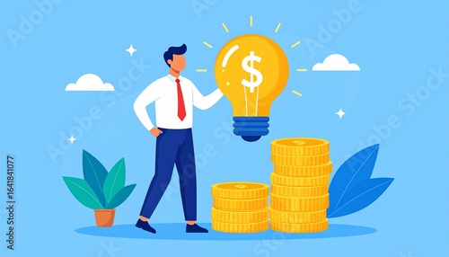 Concept of financial innovation, featuring a man contemplating a lightbulb money-making idea 