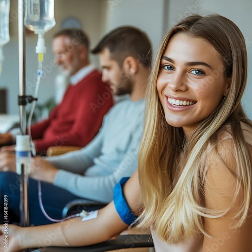 Smiling Young Woman Receiving IV Therapy with Supportive Family Members Healthcare and Wellness Concept