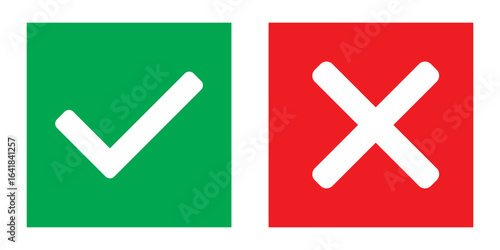 Check mark and cross mark icon button. Check box icon. Right and wrong buttons. Yes or no checkmark icons. Green tick box and red cross box on white background. EPS 10.