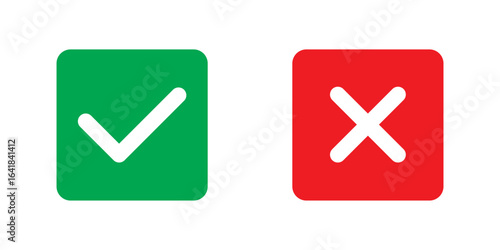 Check mark and cross mark icon button. Check box icon. Right and wrong buttons. Yes or no checkmark icons. Green tick box and red cross box on white background. EPS 10.