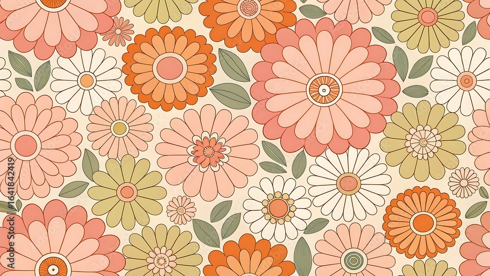 Fototapeta premium Seamless floral pattern with retro style flowers in pink, orange and beige