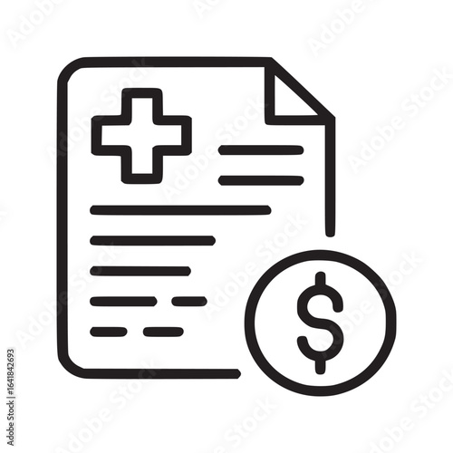 Illustration of a medical bill with a plus sign and dollar sign in black and white outline style