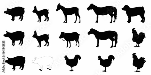 Vector silhouette collection featuring farm animals including pigs rabbits donkeys horses sheep and roosters in rows