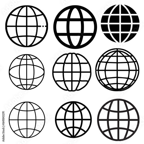 Collection of nine different minimalist black Globe or Earth grid vector icons set isolated on white