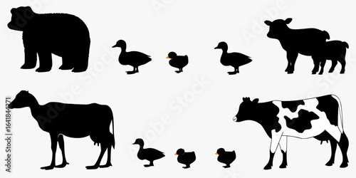 Vector silhouette depictions of a bear, cows, and ducks arranged on a white background in an illustration