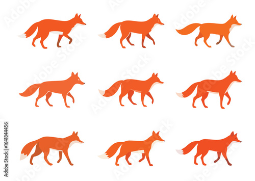 Stylized red fox walking with a bushy tail vector Set