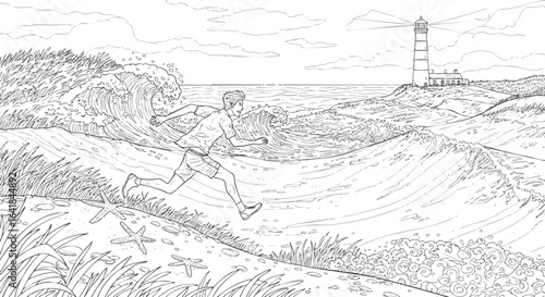 A young man runs along a grassy shore as a large wave crashes behind him near a lighthouse