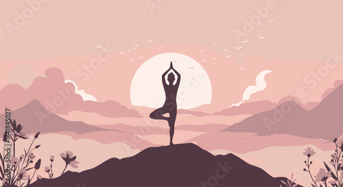 Serene silhouette of a person in a yoga tree pose on a mountain peak at sunrise, surrounded by a peaceful pink landscape