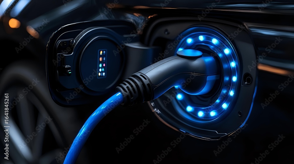 Electric vehicle charging port with glowing blue LED lights illuminating the socket and cable connector, showing modern clean energy technology in dark setting. Electric vehicle charging port with glowing blue LED lights illuminating the socket and cable connector, showing modern clean energy technology in dark setting.