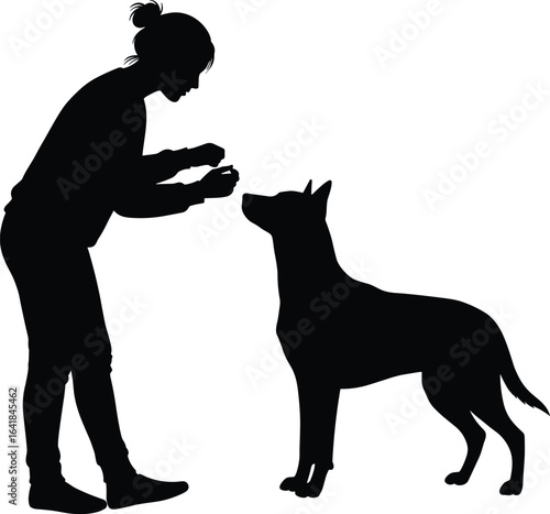silhouette of woman training dog, pet obedience illustration, human and animal interaction, dog training vector art, black outline, canine behavior design