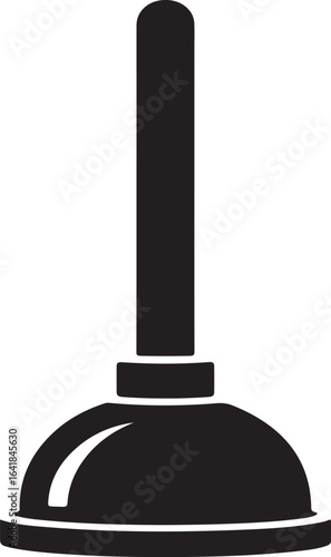 Simple black silhouette of a plunger with a long handle and rubber cup on a white background