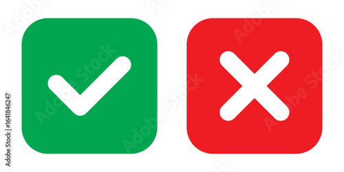 Check mark and cross mark icon button. Check box icon. Right and wrong buttons. Yes or no checkmark icons. Green tick box and red cross box on white background. EPS 10.