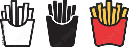 A versatile French fries icon set vector illustration, featuring outline, silhouette, and full-color styles isolated on a white background.