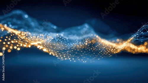 Abstract Data Stream Visualization with Interconnected Nodes, Blue and Yellow Glow, Futuristic Technology