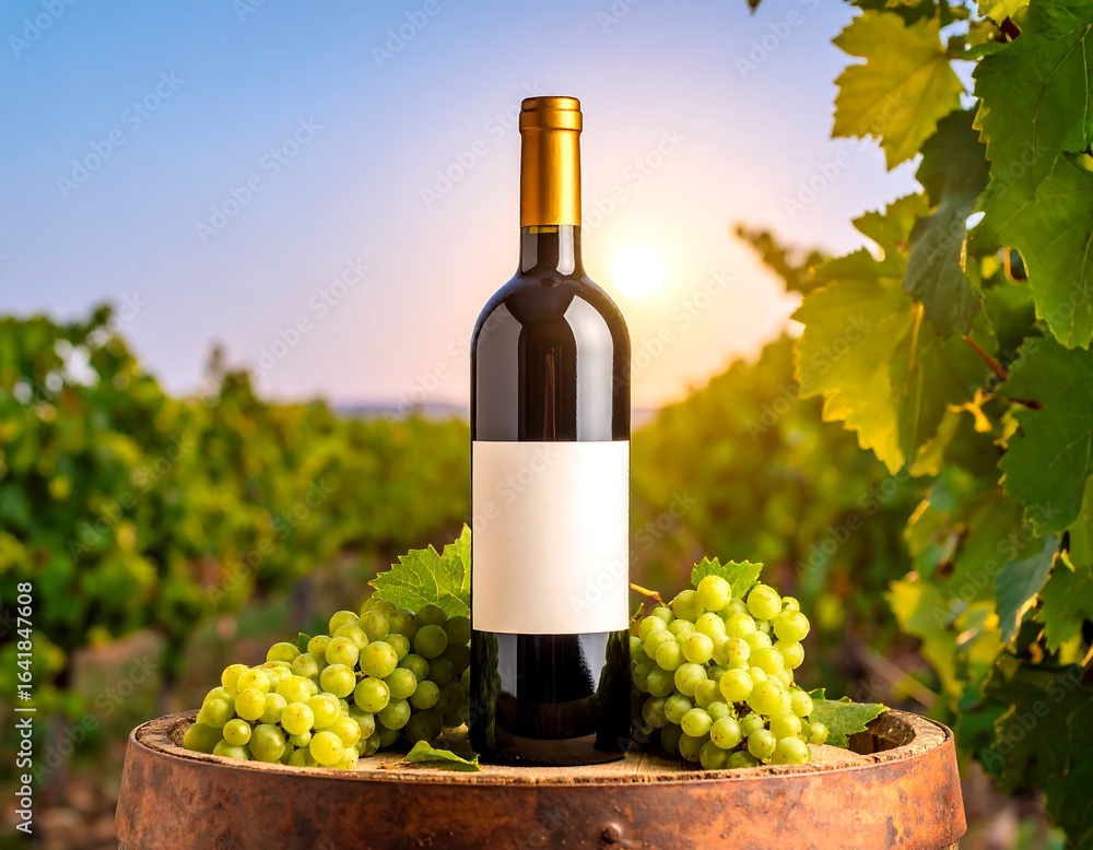 Fototapeta premium Wine bottle with blank label, rests on wooden barrel amongst green grapes at sunset