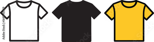 Set of t-shirt icons showing a black silhouette and a simple white outline vector image on a plain background, alongside a yellow version.