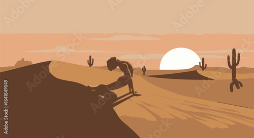 Desert Silhouette A Lone Figure Amidst Cacti and Dunes at Sunset