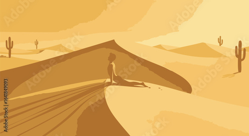 Serene Desert Landscape with a Figure Meditating on Sand Dunes