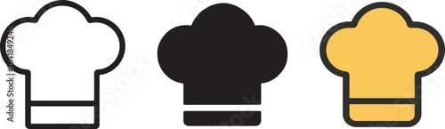 A versatile set of chef hat icons, featuring outline, silhouette, and color variations. Vector graphic symbol for cooking and culinary arts.