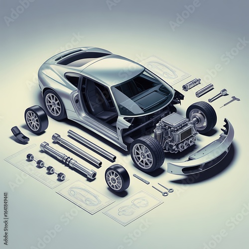 Exploded View of Silver Sports Car Revealing Mechanical Parts and Design Sketches in a Clean Studio Setting