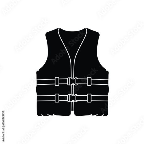 Black life jacket icon with white straps and buckles