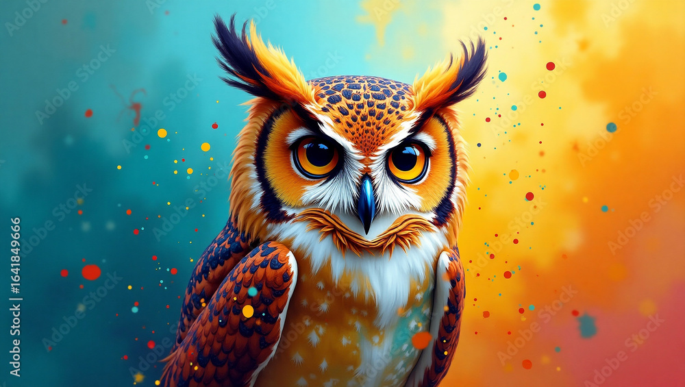 Obraz premium A Colorful and Dynamic Painting of an Owl Showcasing Artistic Techniques