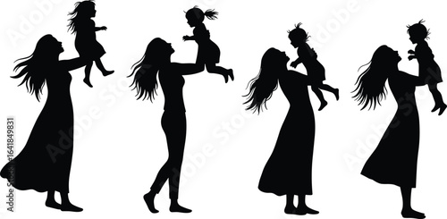 Silhouettes of women holding children, joyful interaction, mother and child bond, playful pose, black vector, white background, family love