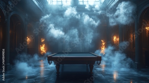 Empty billiard table in an antique hall, dramatic lighting