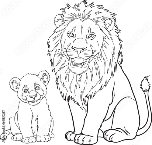 Majestic lion and adorable cub sitting together line art illustration stock photos royalty free image premium quality