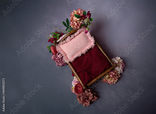 Newborn Photography Prop Rustic Bed with Floral Accents