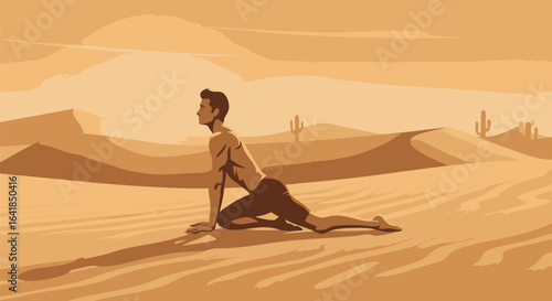 Serene vector illustration of a man practicing a yoga stretch in a vast desert, embracing mindfulness and solitude