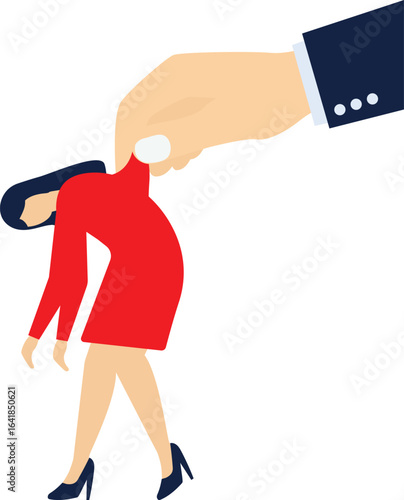 Big Hand Using Businessman for Control. Business Man Marionette is Hanging on Suit. Hand of Puppeteer Holding Lady. Puppet Doll Worker, Abuse of Power, Manipulation. Flat Vector Illustration

