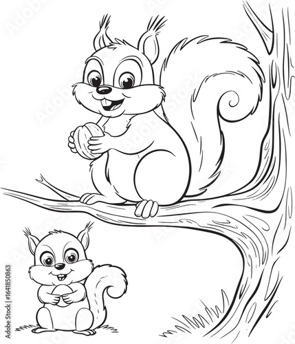 Cute baby squirrel and mother squirrel sitting on a tree branch silhouette line art illustration stock photos royalty free image premium quality