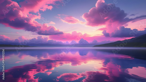 Fototapeta Naklejka Na Ścianę i Meble -  Sunset with pink and purple sky over calm lake
