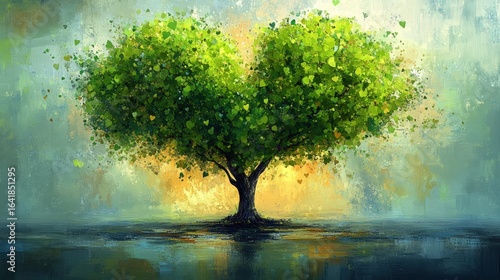 Heart-shaped tree in a serene landscape
