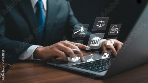 Lawyer uses laptop with legal icons for digital justice and online legal services research