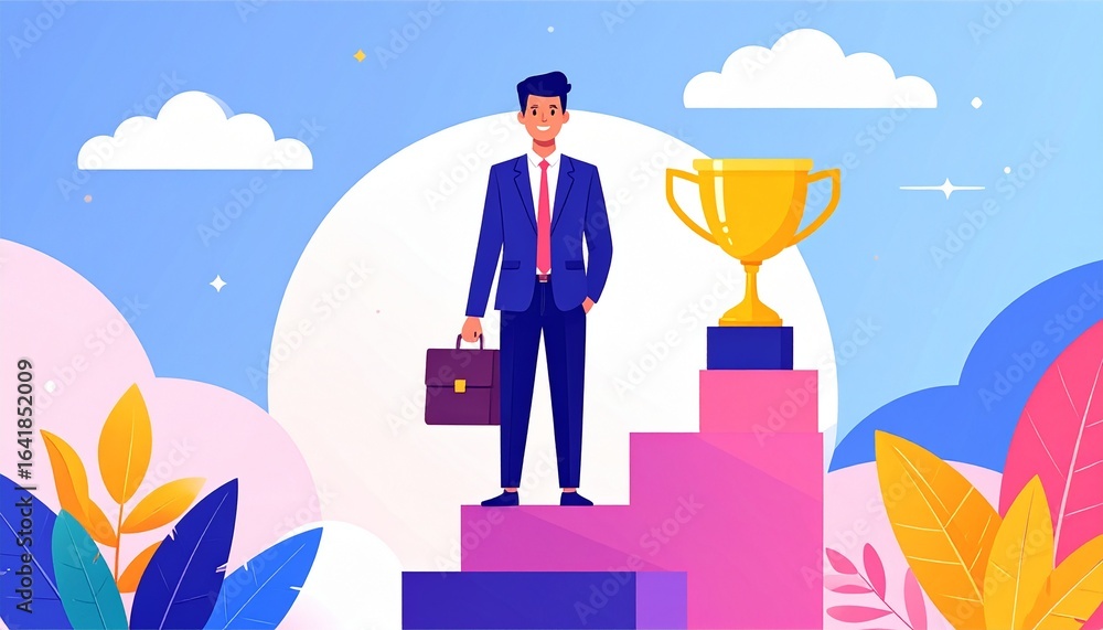 Fototapeta premium An illustration of a businessman standing on a winner's podium with a golden trophy. He holds a briefcase and embodies confidence and ambition, representing the concept of success