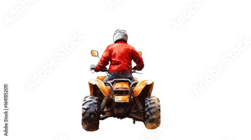 Autumn outdoor adventure ATV rider on trail amidst on white background 