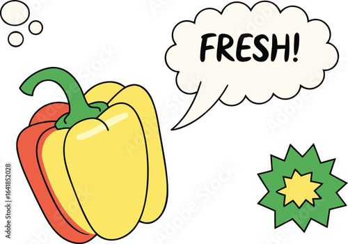 Cartoonish image of colorful peppers proclaiming their freshness with exclamation, vector illustration
