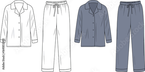 Cozy pajama set illustration, sleepwear fashion flat sketch, button-down top and pants, comfortable loungewear outfit, nightwear design template