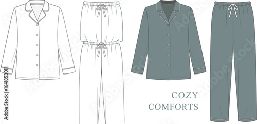 Cozy pajama set illustration, sleepwear fashion flat sketch, button-down top and pants, comfortable loungewear outfit, nightwear design template