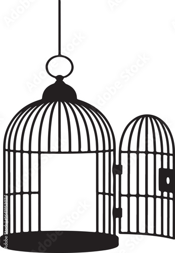 Open birdcage silhouette with a door ajar symbolizing freedom and escape