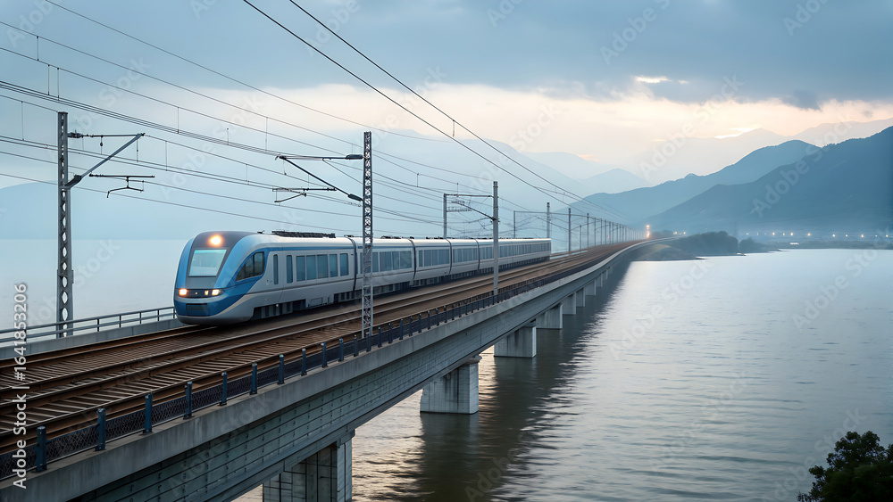 Naklejka premium Modern train on a bridge over water with a scenic landscape view